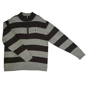 Polo Men's Gray Black Striped Quarter Zip Sweater Size XL Casual Knit Pullover